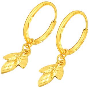 赛菲尔黄金耳环足金999.9耳吊长款叶子耳钉金枝玉叶耳圈女送妈妈