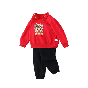 男童套装秋冬装小童宝宝新年拜年服儿童翻领上衣束腿裤两件套新款