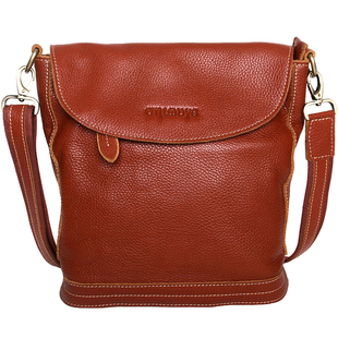 藏皮客头层牛皮隔层复古棕色斜挎包女包真皮质感大容量翻盖水桶包
