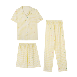 馨帮帮Homedress 格子印花睡衣套装女款夏季薄款休闲家居服三件套