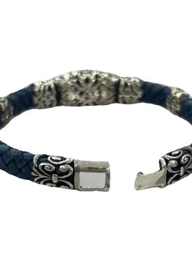 虎眼石镶皮革氧化纯银男士手镯