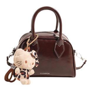 高级感油蜡皮小包包女2025新款秋冬百搭斜挎包红色手提包保龄球包