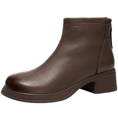 千百度羊皮厚底切尔西靴女2025冬季新款圆头粗跟显瘦洋气小短靴子