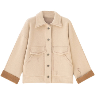 双面呢外套女短款加厚宽松韩版小个子毛呢大衣针织衫毛衣开衫外套