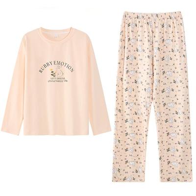 可人儿春秋季柔软棉睡衣女休闲卡通圆领长袖纯棉可外穿家居服套装