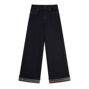 ELLE法式复古通勤牛仔裤女2025冬季新款设计感拼接格纹阔腿长裤子