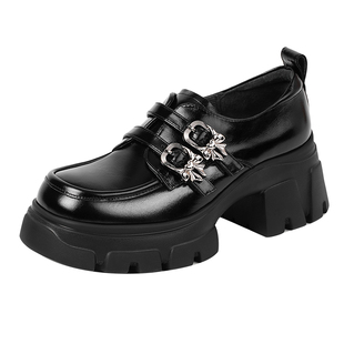 哈森黑色经典时尚厚底增高真皮乐福鞋皮鞋女2026春新款HS264113