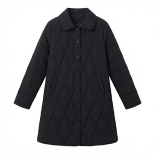 轻薄羽绒服女中长款2025年冬季新款小个子显瘦菱形格工装黑色外套