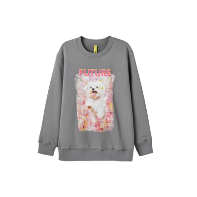 U/TI灰色狗狗印花油画卫衣女百搭简约加绒潮上衣尤缇时尚冬季新款