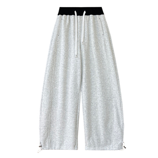 灰色加绒卫裤女冬季撞色抽绳裤脚可收口阔腿束脚两穿休闲弯镰刀裤