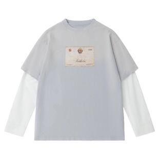 黑色圣诞树AC 25SS灰蓝假两件拼接破坏水洗做旧长袖T恤李宇春上身