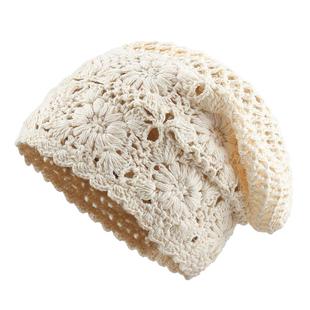 日系手工编织针织包头帽女夏季薄款镂空毛线帽大头围复古堆堆帽子
