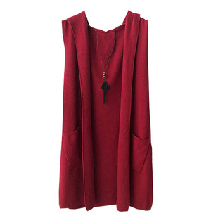连帽针织马甲韩版春秋腰带宽松大码chic毛衣开衫中长款背心外套女