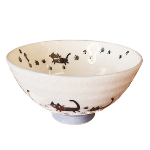 日本进口美浓烧可爱幽默爱吃鱼的黑猫咪陶瓷釉下彩饭碗