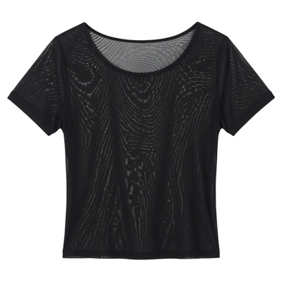 top圆领短款透视网纱上衣女网眼打底上衣女士高透上衣