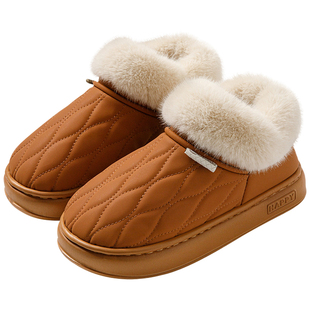 流氓兔包跟棉拖鞋女士冬季家居办公室厚底保暖pu皮加绒防水棉鞋男
