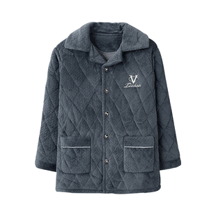 珊瑚绒男款2025秋冬穿夹棉睡衣男上衣爸爸男士外套加绒特厚冬季土