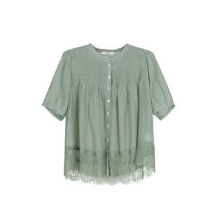 TALASA丝棉衬衫女2026年夏新款宽松打条设计法式复古立领蕾丝拼接