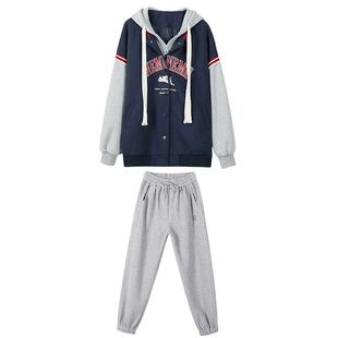 初中生秋冬装外套装加绒卫衣少女休闲上衣加厚连帽高中学生学院风