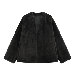 【拥夜】高奢进口南非小卷拉贡皮毛一体蓬松v领廓形皮草外套-5656