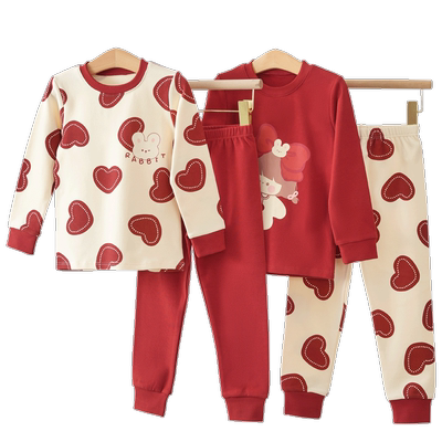 儿童保暖内衣红色纯棉秋衣套装