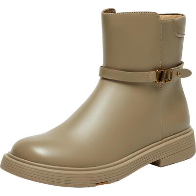 Bata时装靴女秋商场新款粗跟百搭羊皮通勤软底短筒靴AKQ52CD4