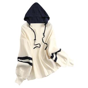 字母刺绣撞色条纹相拼宽松2025春季新款长袖百搭针织衫女卫衣J939