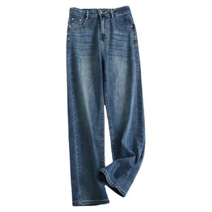 超显腿直蓝色磨白显瘦弹力宽松直筒裤显腿长阔腿裤女裤牛仔裤M978