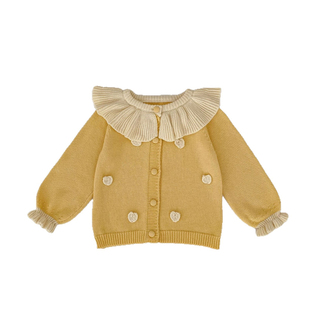 2026新款女童荷叶领针织开衫春秋洋气女宝宝甜美黄色毛衣外套秋冬