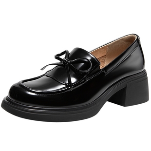 千百度厚底粗跟乐福鞋女2026春季新款蝴蝶结小皮鞋漆皮深口单鞋