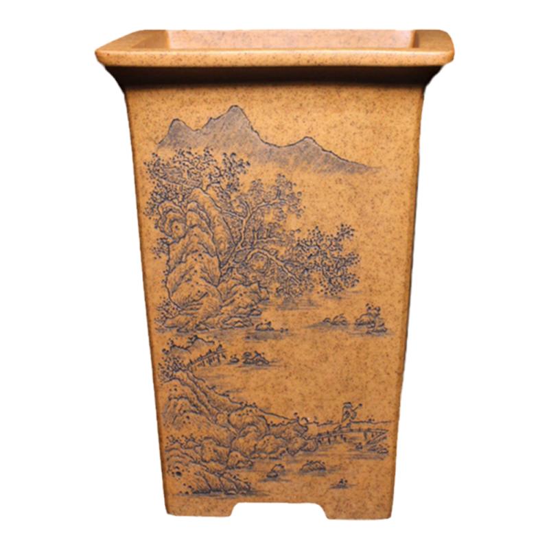 紫砂宽口四方形签筒山水花盆