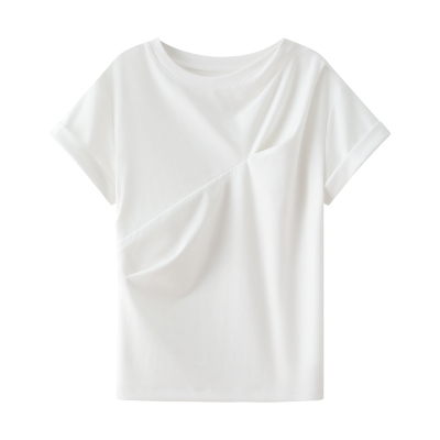 OSA莱赛尔纯色正肩收褶短袖T恤