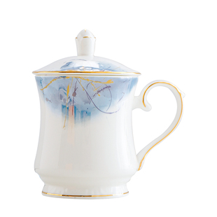 轻奢骨质瓷办公杯茶杯家用带盖水杯待客杯陶瓷会议杯商用定制瓷杯