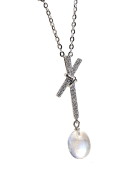 月光石项链 天然蓝月光彩虹水晶斯里兰卡锁骨吊坠 蝴蝶结项链纯银