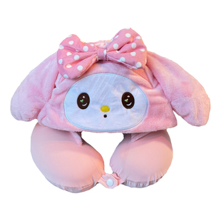 可爱卡通旅行冰丝U型枕连帽脖子护颈枕便携U形枕长途飞机睡觉神器