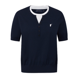 POLOWALK女士短袖针织衫2026夏季新款双层领假两件套头短袖T恤衫