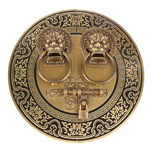 纯铜仿古门栓别墅四合院兽头门环把手圆形铜拉手老式门闩锁插销