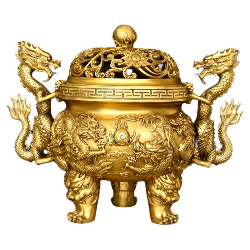 黄铜特大号九龙双龙香炉摆件