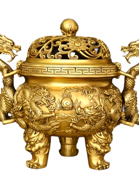 黄铜九龙香炉摆件三足鼎炉