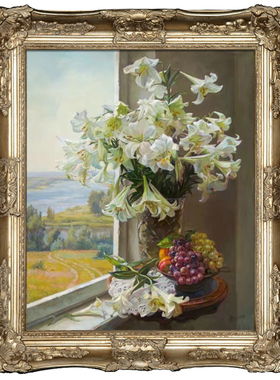 高档手绘百合花油画玄关装饰画