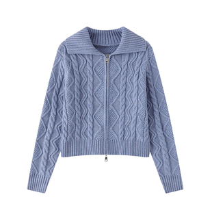 CCKOK 厚实麻花翻领双拉链针织毛衣开衫2025秋季新款小众短外套女