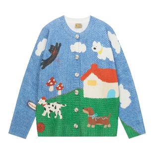 冬季日系复古慵懒风趣可爱小狗宽松休闲开衫毛衣外套潮男酷女上衣