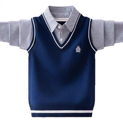 男童假两件细毛线春季男纯棉毛衣