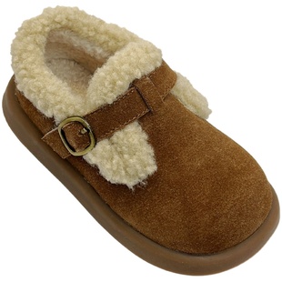 复古风真皮毛绒勃肯鞋圆头男女童加绒加厚冬款时髦韩版魔术贴鞋子