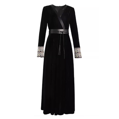 法式复古红色丝绒连衣裙礼服长裙