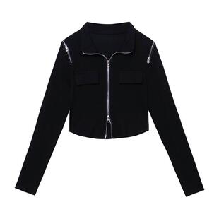 女士短款重工个性短外套拉链开衫螺纹棉运动瑜伽跑步短款长袖上衣