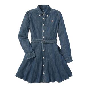 秋冬新款RALPH LAUREN拉夫劳伦连衣裙女大童长袖牛仔衬衫裙小马标