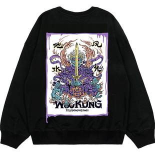 WOOKONG 悟空 增长天王印花拼接全棉黑色圆领卫衣 潮牌小众设计