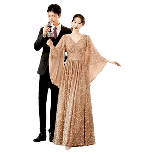 金色晚礼服女高级感气质宴会轻奢小众高端亮片年会主持人演出长款