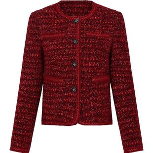 黛玛诗秋冬气质小香风羽绒服上衣保暖短款小个子粗花呢外套女红色